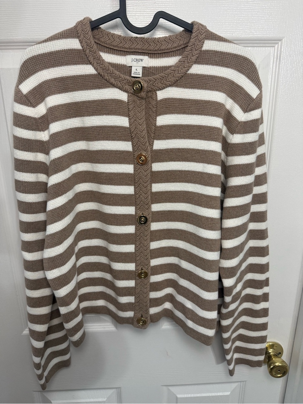 J. Crew Brown And White Button Up Knit Lady Jacket Size Large Feminine